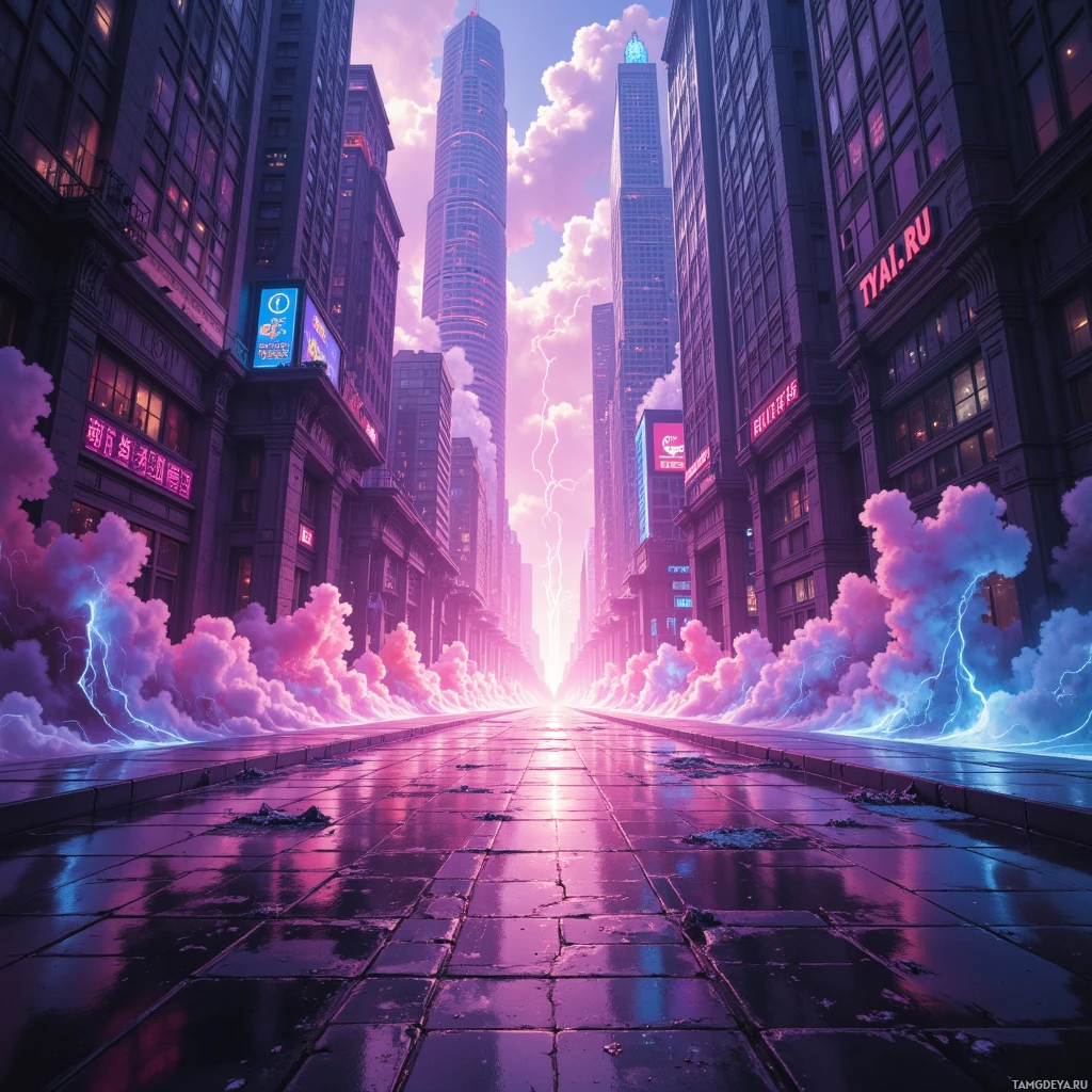 A city street with tall buildings, illuminated signs, and a vibrant sky with lightning and clouds.