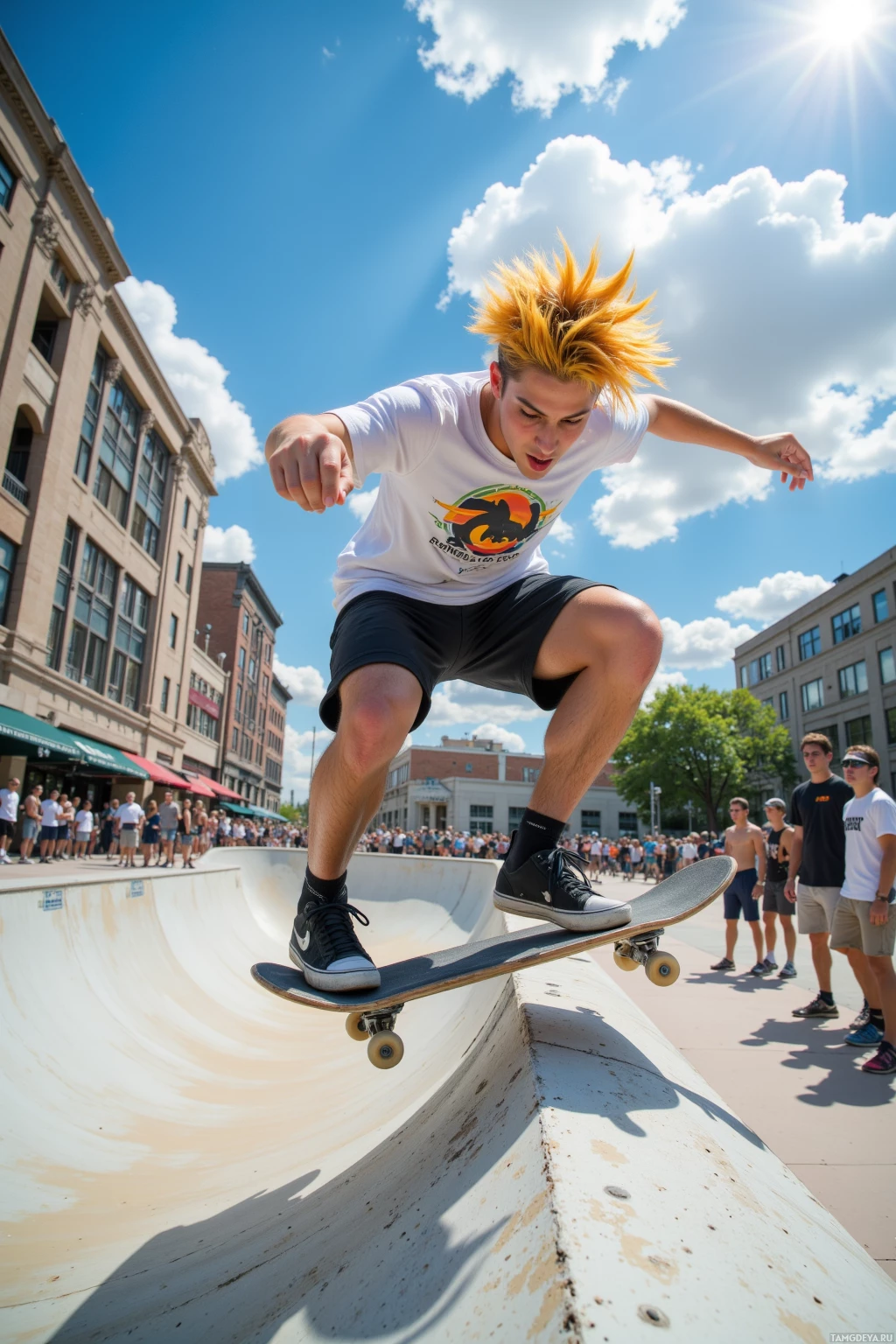 A skateboarder performs a trick on a ramp in an urban setting with spectators watching.