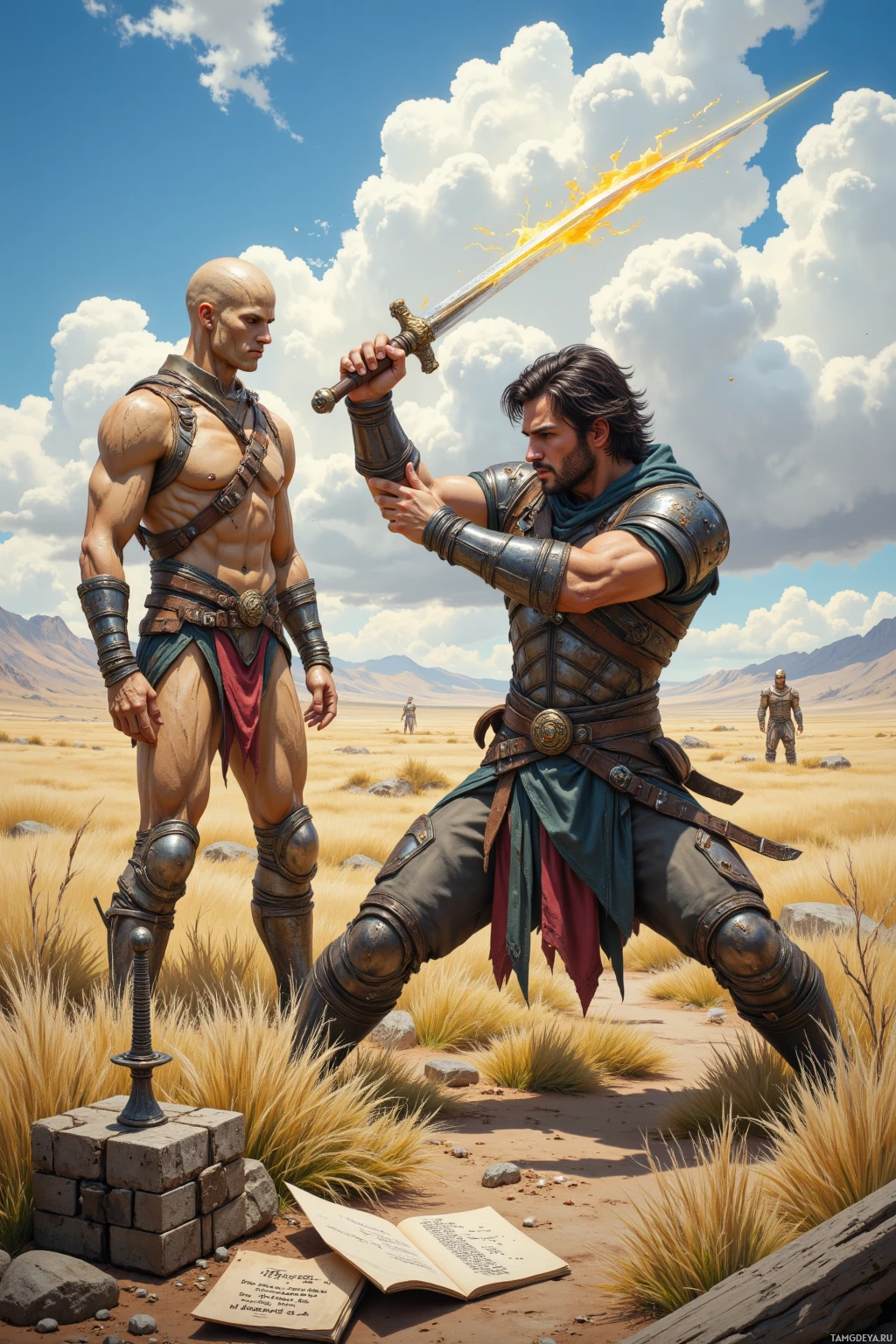 Two armored warriors stand in a desert landscape, one holding a flaming sword.