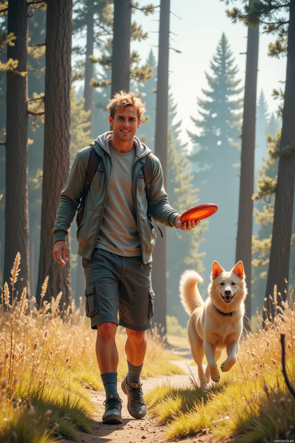 A person walks with a dog in a forest, holding a frisbee.