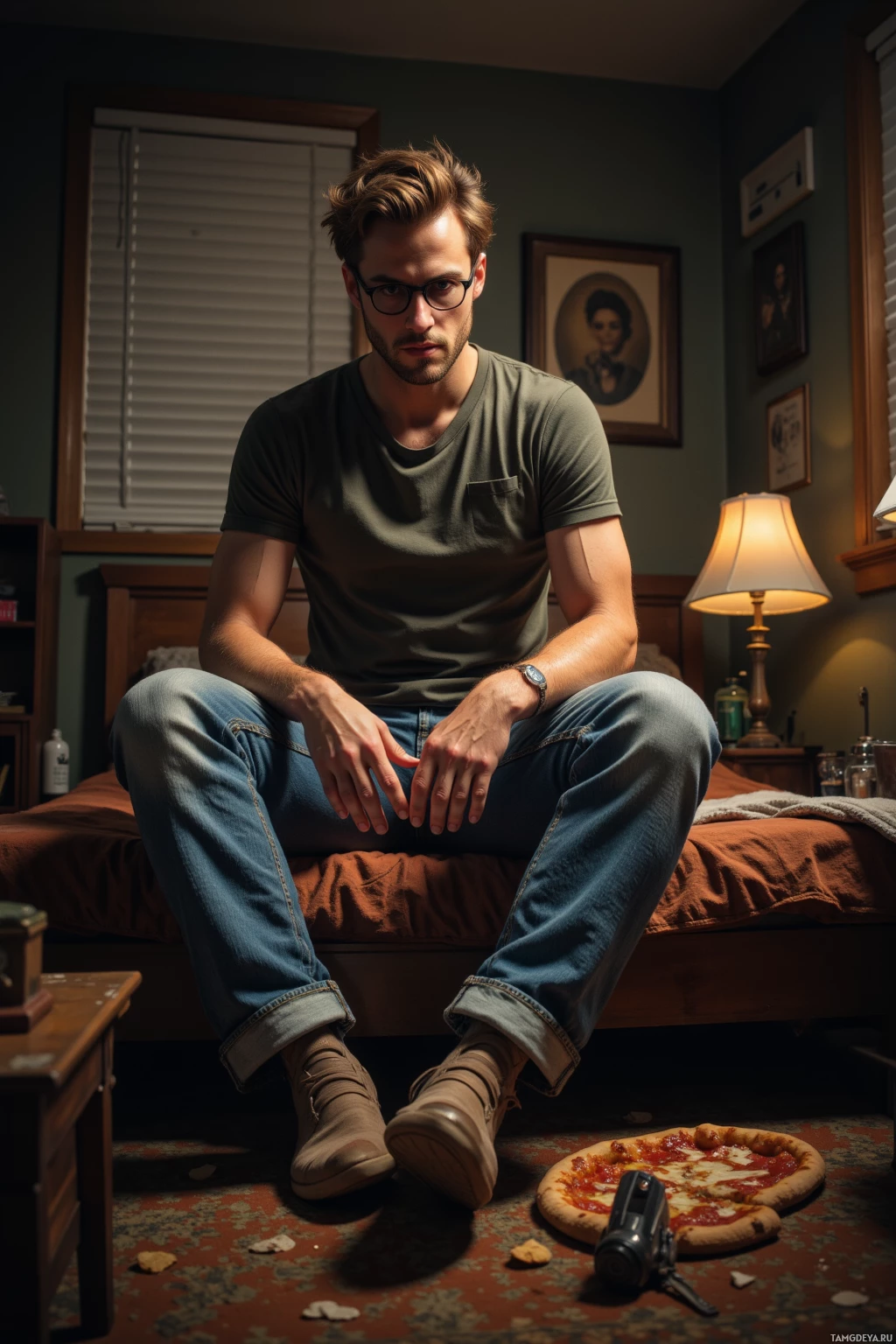 A person sits on a bed in a dimly lit room, wearing a green t-shirt and jeans, with a pizza and a camera on the floor nearby.