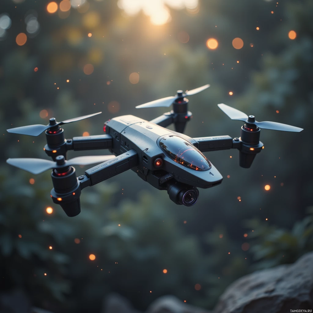 A drone with illuminated propellers and camera is flying against a blurred background of trees and sunlight.