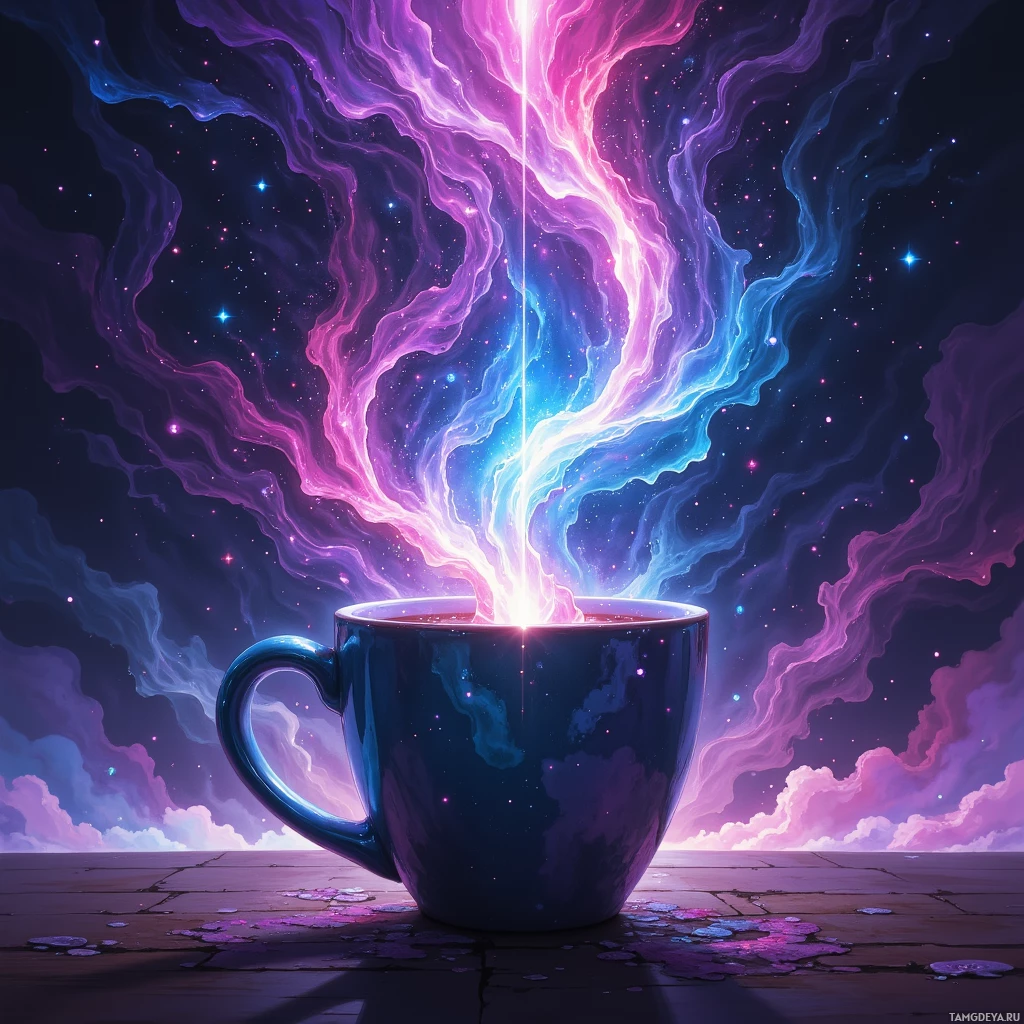 A vibrant, cosmic scene with a glowing cup of tea emitting colorful, swirling energy against a starry night sky.