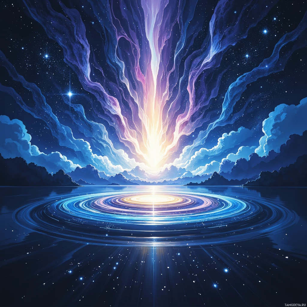 A vibrant cosmic scene with swirling light and stars reflected in water below.