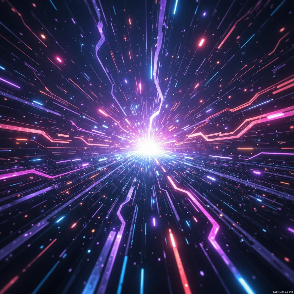 A vibrant digital tunnel with glowing lines and particles converging towards a bright light at the center.