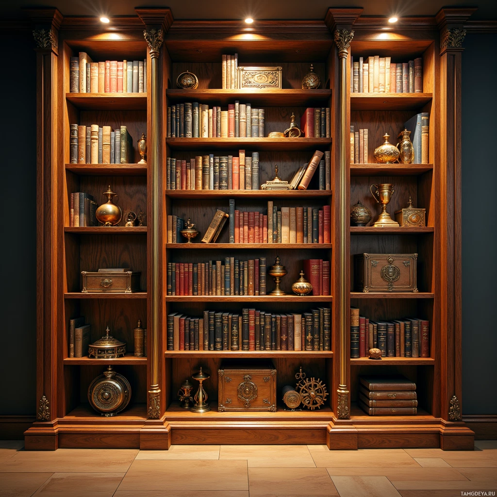 A wooden bookshelf filled with books and decorative items is illuminated by recessed lighting.