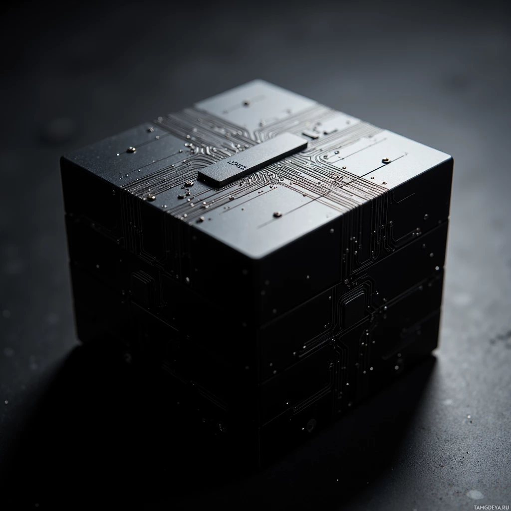A black cube with circuit board design and a central chip.