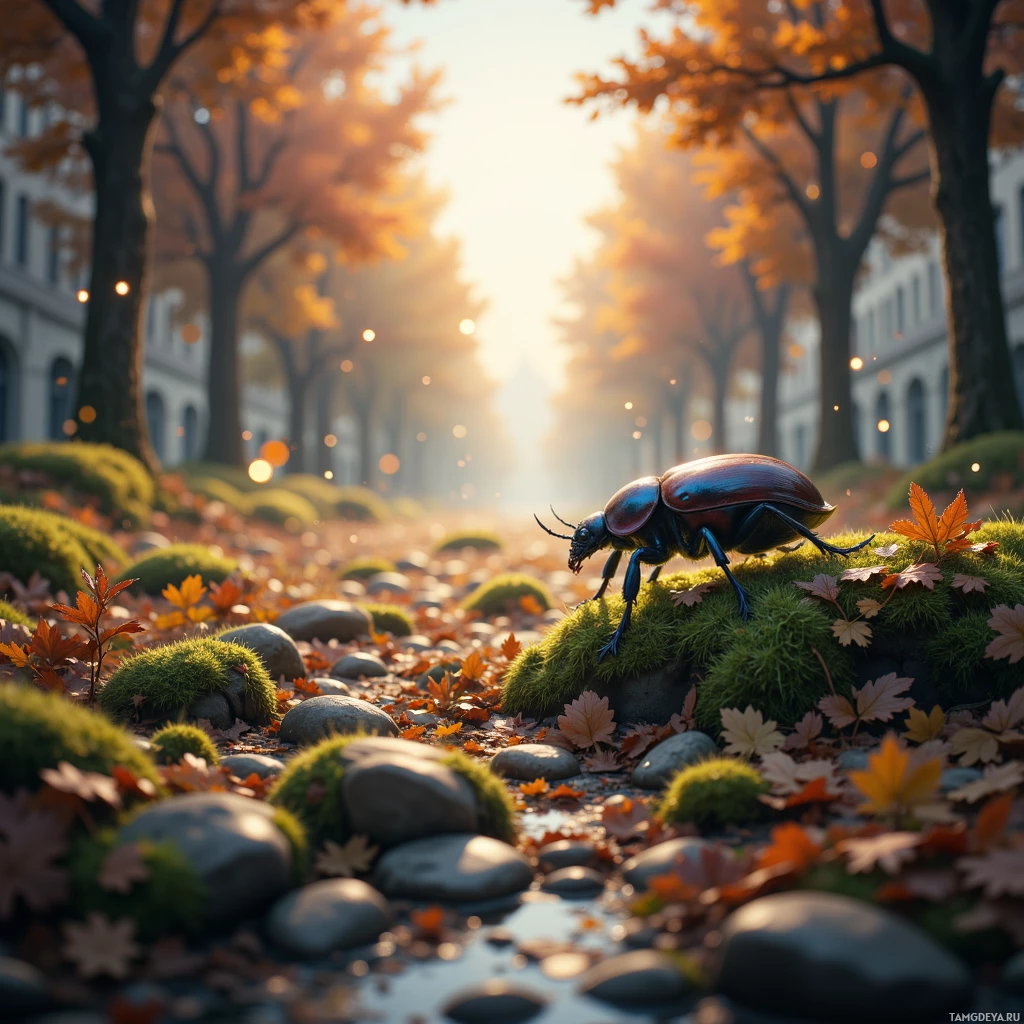 A vibrant autumn scene featuring a beetle on mossy rocks with fallen leaves and trees in the background.