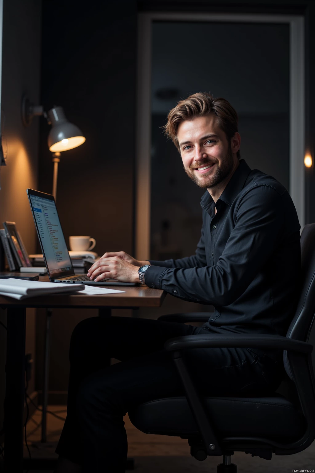A person is sitting at a desk with a laptop, smiling, in a dimly lit room.