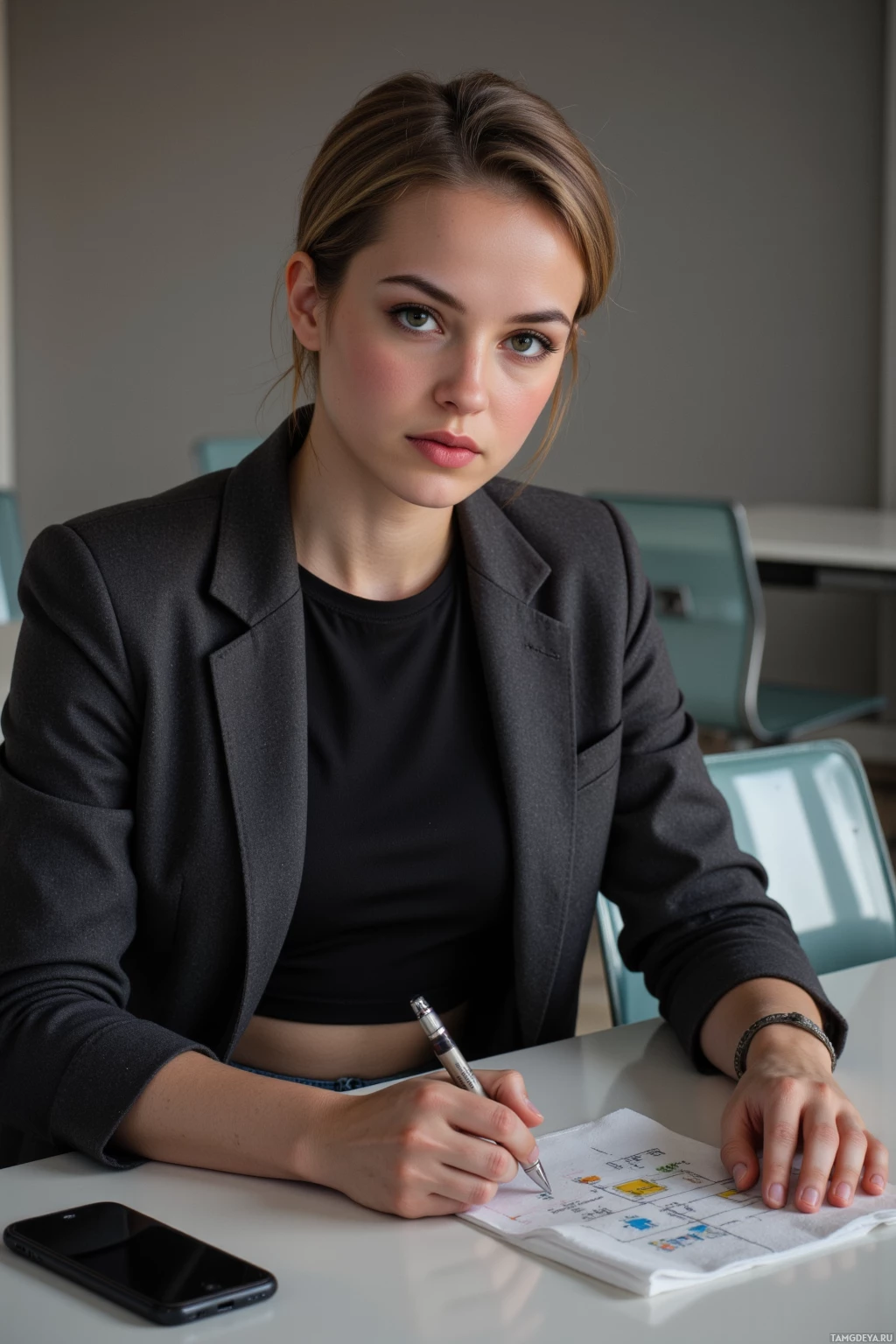 A person is sitting at a desk writing on paper with a pen while wearing a blazer and black top.