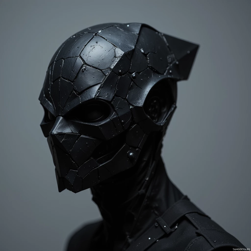 A black, textured helmet with a geometric design and a dark, monochromatic aesthetic.