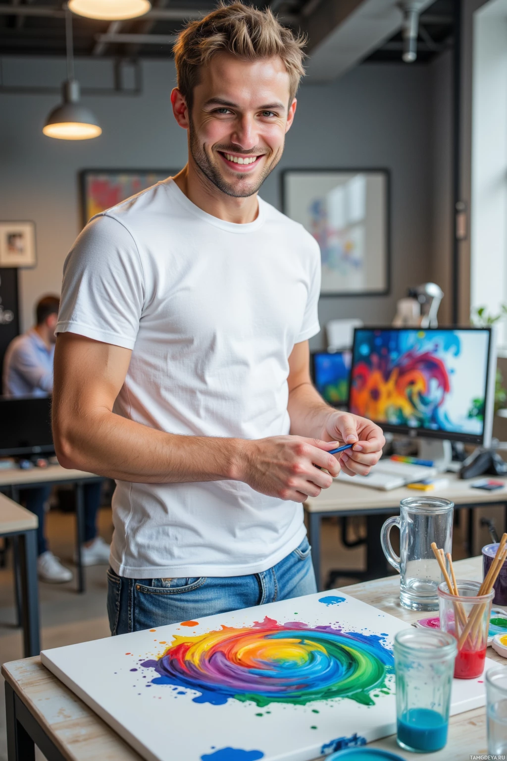 A person in a white t-shirt smiles while holding art supplies near a colorful painting on a table.