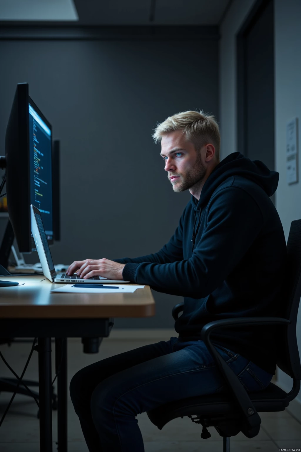 A person is sitting at a desk working on a laptop with another monitor in the background displaying code.