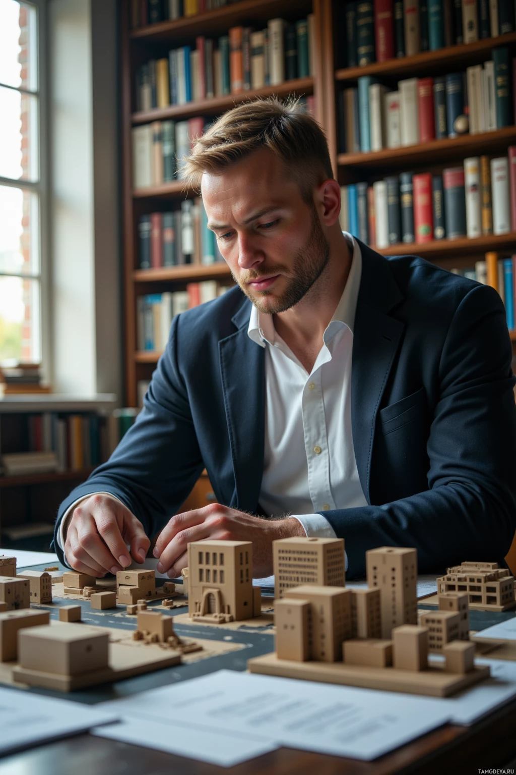 A man in formal attire is working on a model cityscape at his desk.