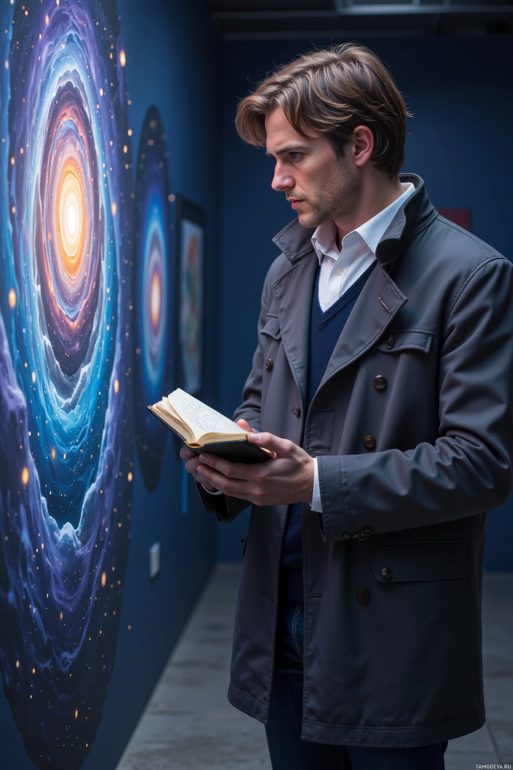 A person stands in front of an abstract cosmic mural while holding and reading from a book.