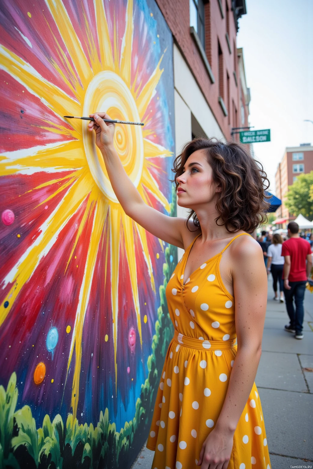 A person in a yellow polka-dot dress paints a vibrant mural on an urban wall.