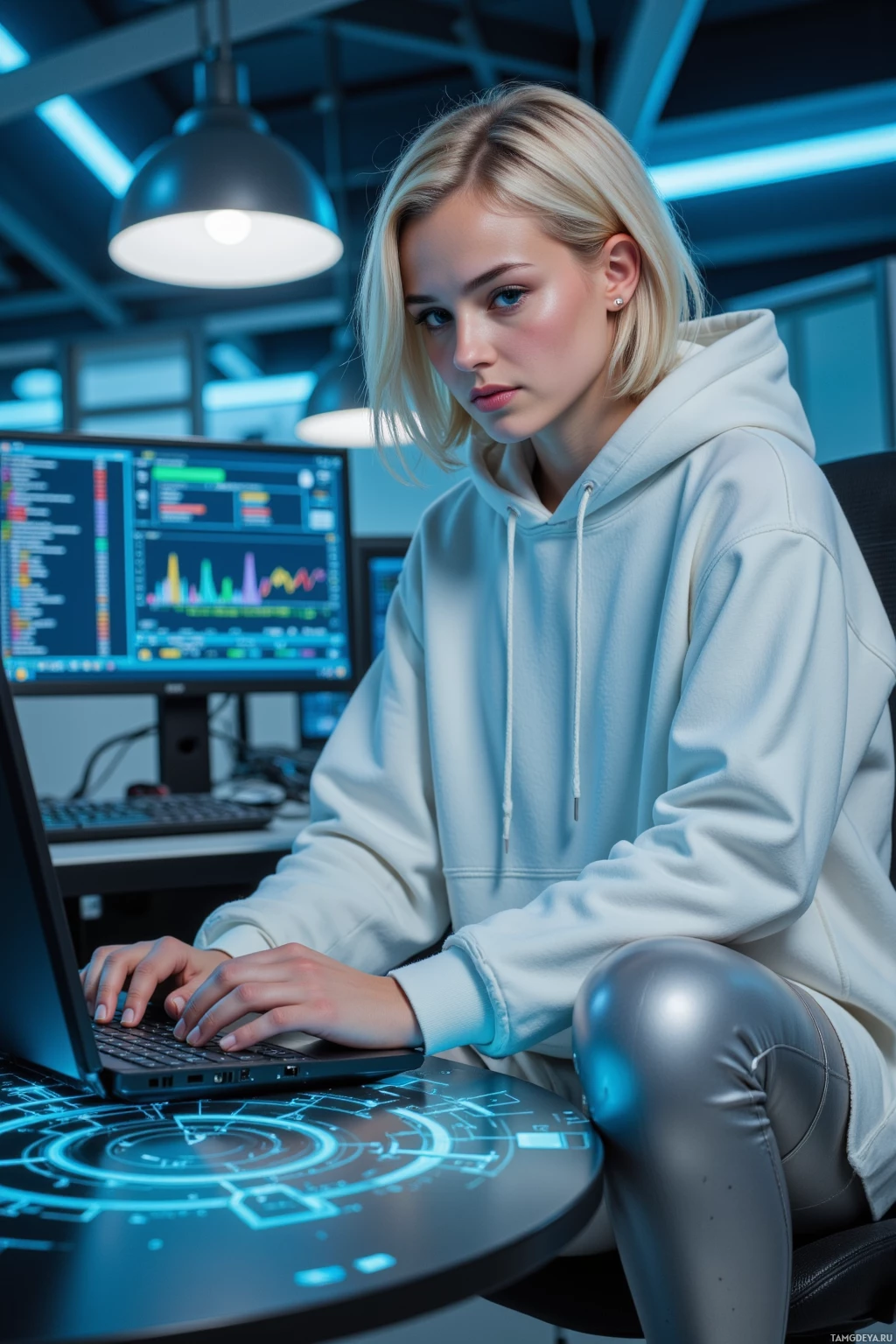 A person in a white hoodie is seated at a desk with a laptop and multiple monitors displaying data and graphs.