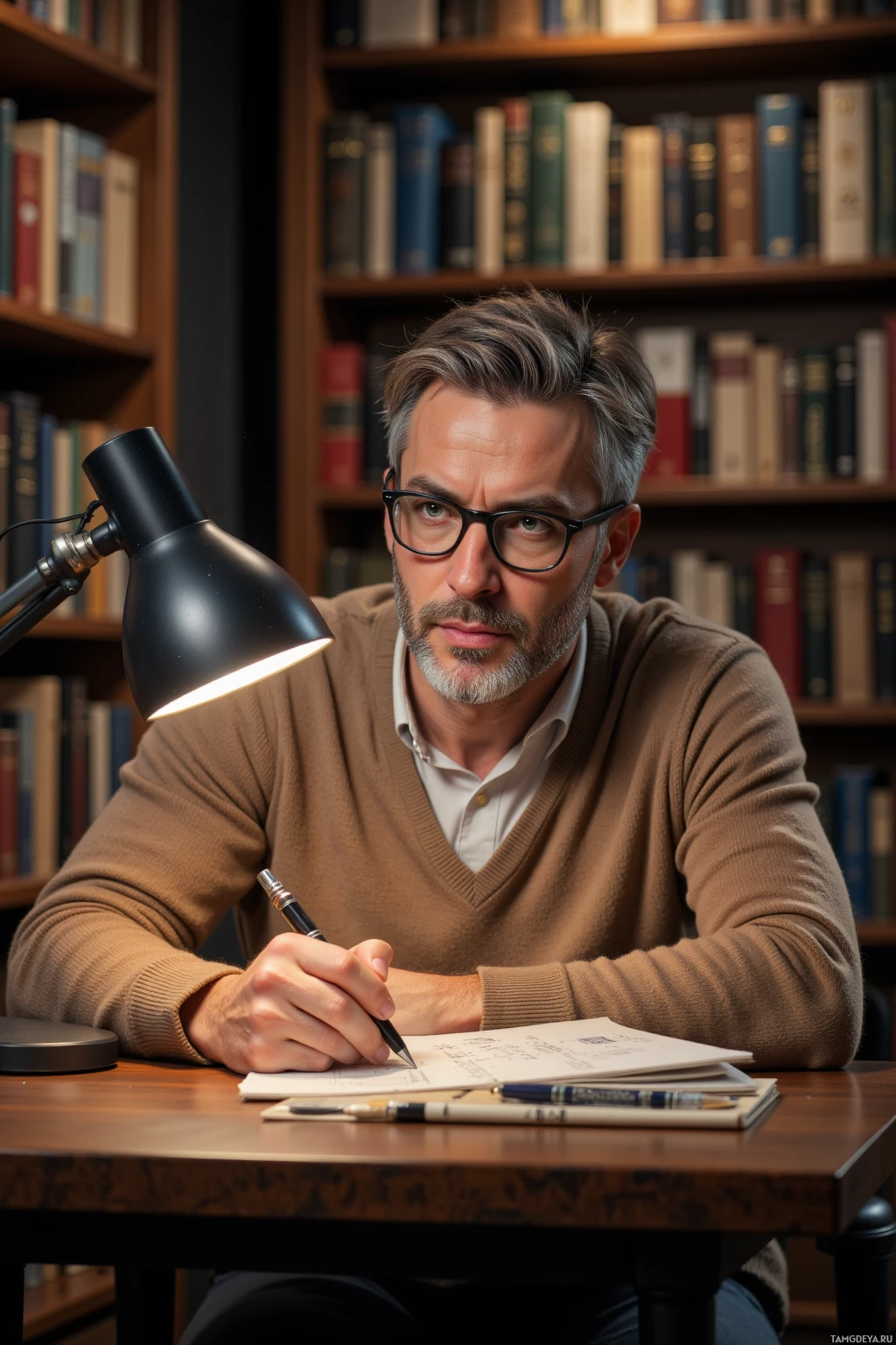 A man sits at a desk in front of bookshelves, writing with a pen under the light of a desk lamp.
