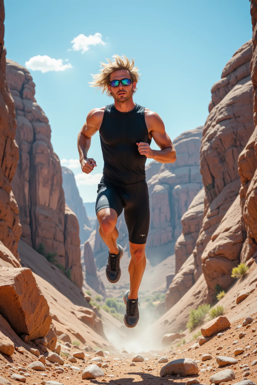 A man runs through a desert canyon wearing athletic gear and sunglasses under a bright blue sky.