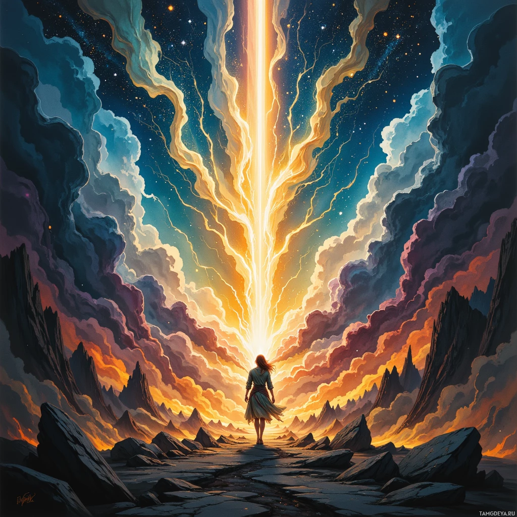 A lone figure stands on a rocky path under a vibrant sky with streaks of light and clouds.