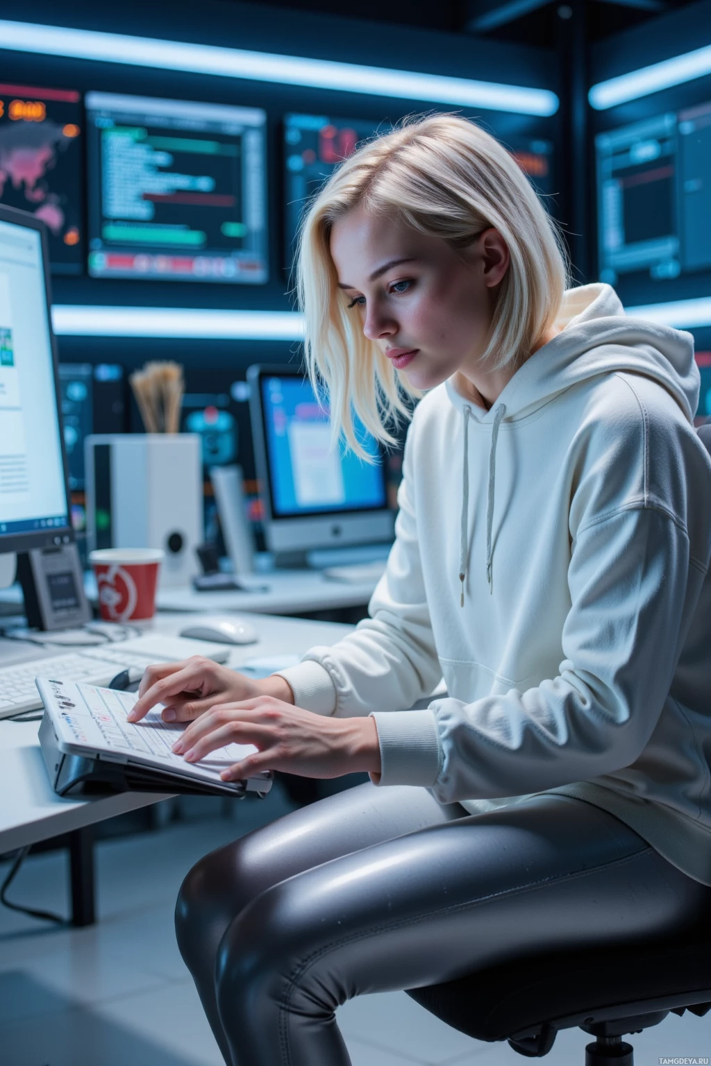 A person in a hoodie and leggings is seated at a desk working on a laptop with multiple monitors displaying code or data behind them.