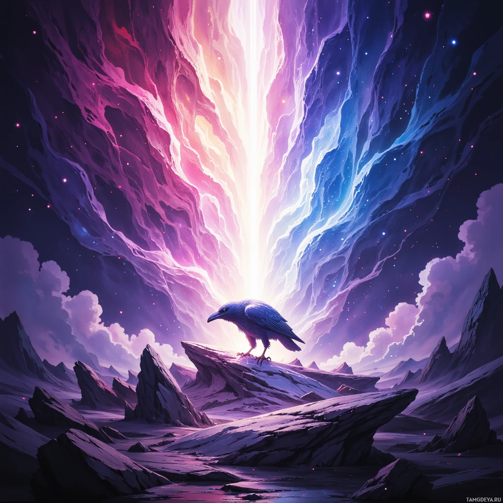 A crow perches on a rocky outcrop beneath a vibrant, cosmic sky.