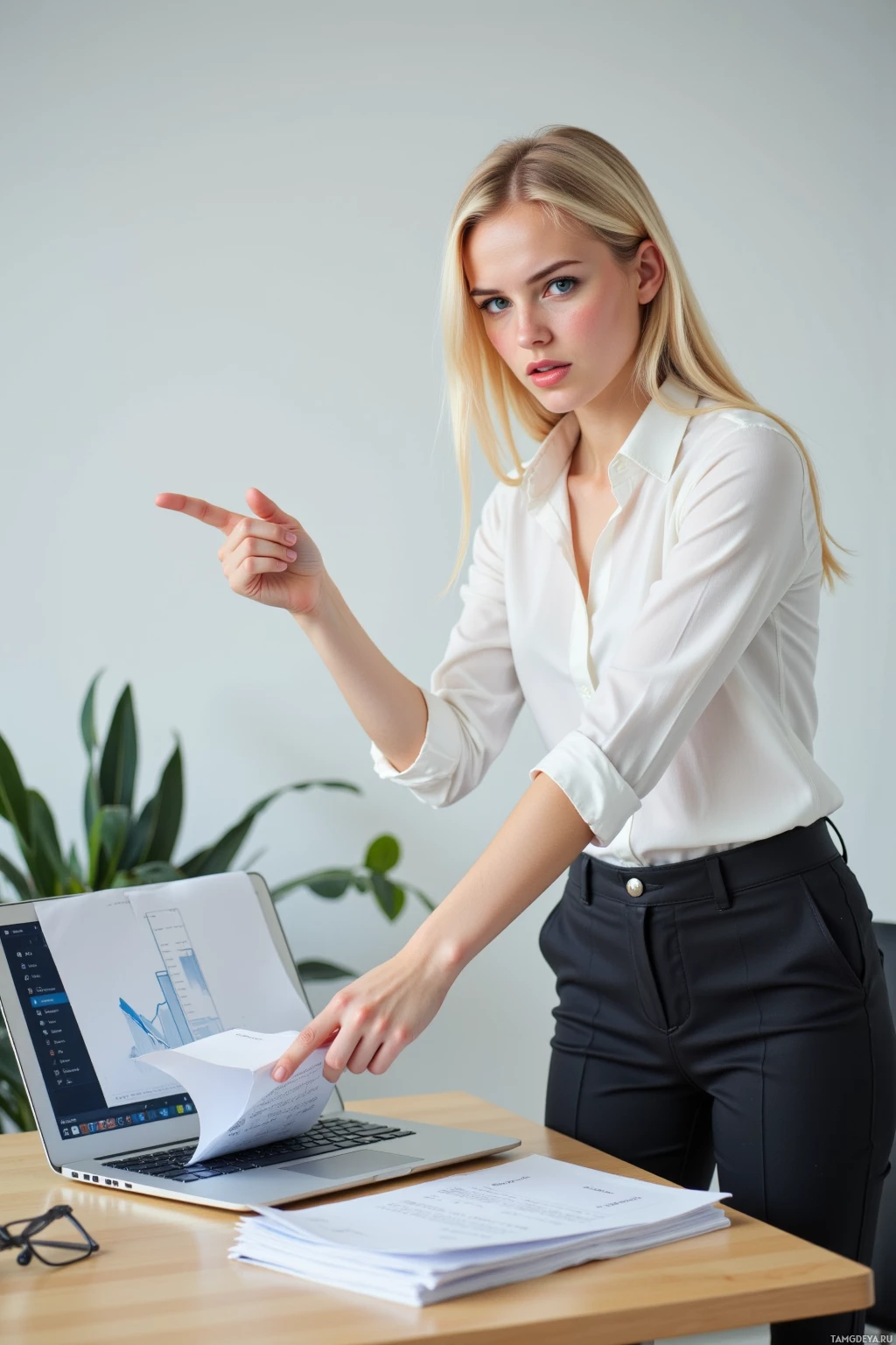 A woman in a white blouse and black pants points at a document on a desk with a laptop and papers.