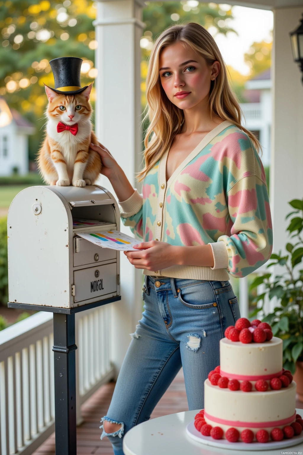 A woman stands next to a mailbox with a cat wearing a top hat, holding a piece of mail, and a cake with raspberries on a table nearby.