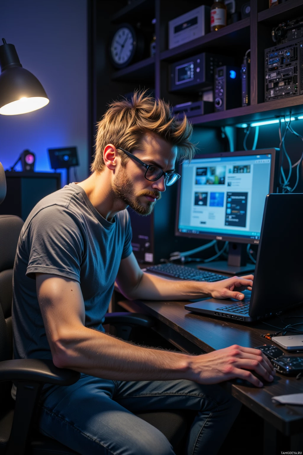 A person is working at a desk with a computer, surrounded by shelves of equipment.