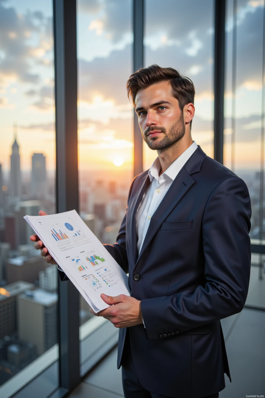 A man in a suit stands by a window, holding a document with graphs.