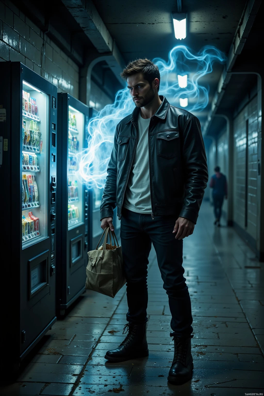 A man in a leather jacket stands in a dimly lit hallway near a vending machine.