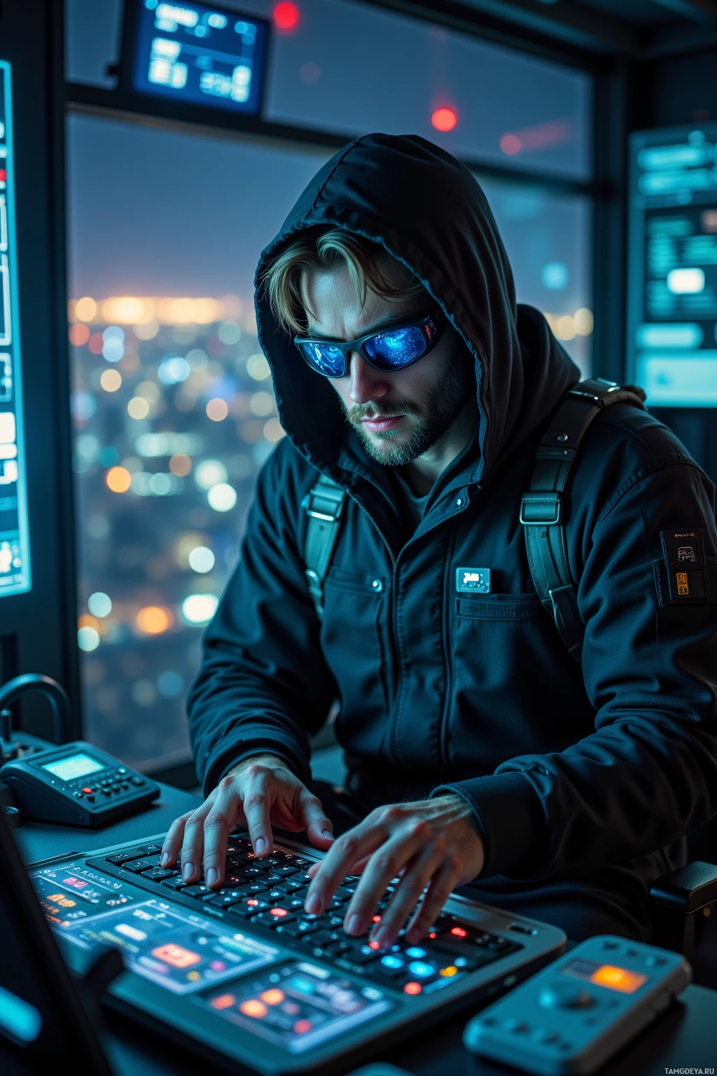 A person in a hooded jacket and sunglasses is working at a control panel with a cityscape visible through the window.