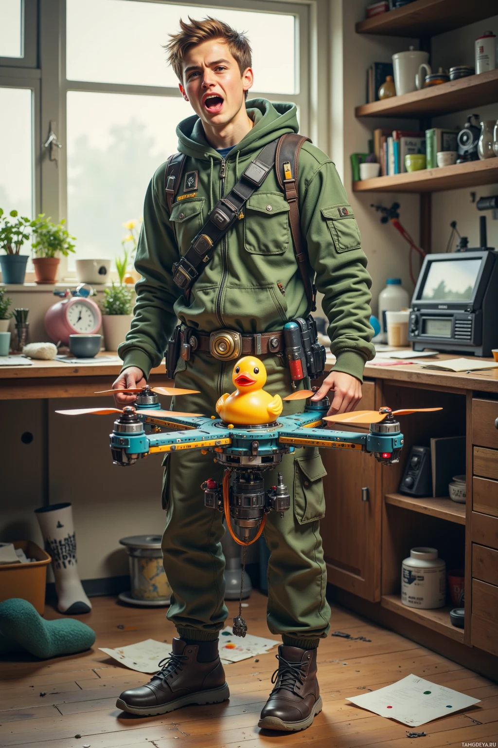 A person in a green hoodie and utility belt stands in a workshop, holding a drone with a rubber duck on it.