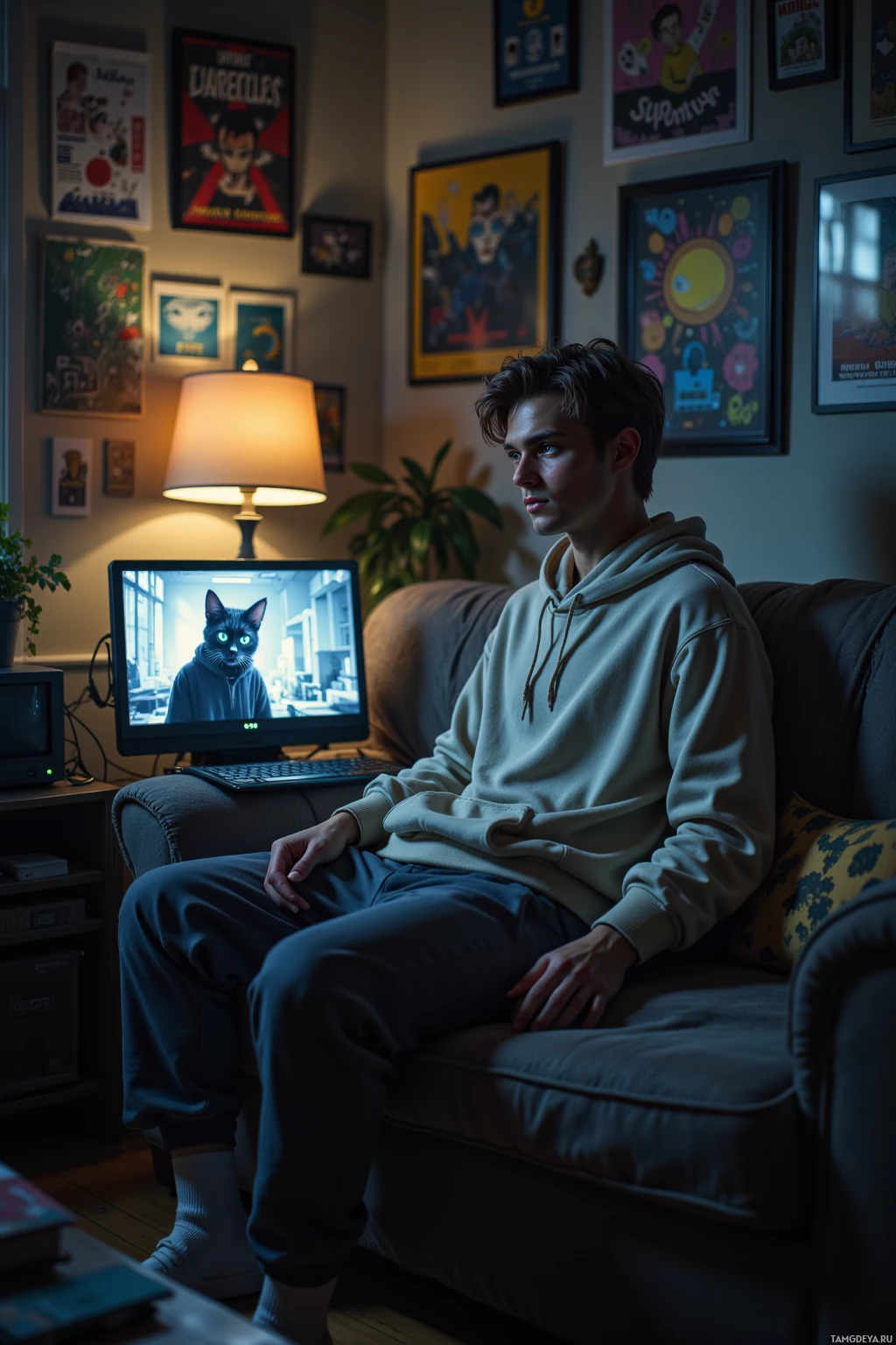 A person sits on a couch in a cozy room with framed posters and a lit lamp, watching a computer screen.