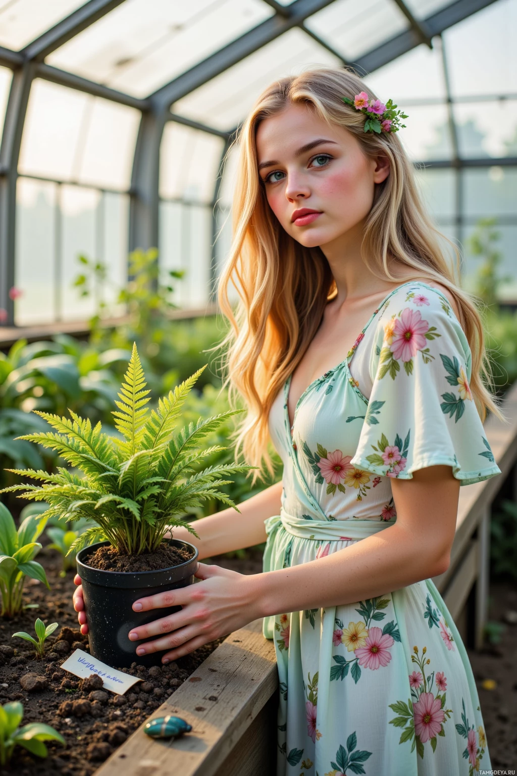 A woman in a floral dress holds a potted plant in a greenhouse.