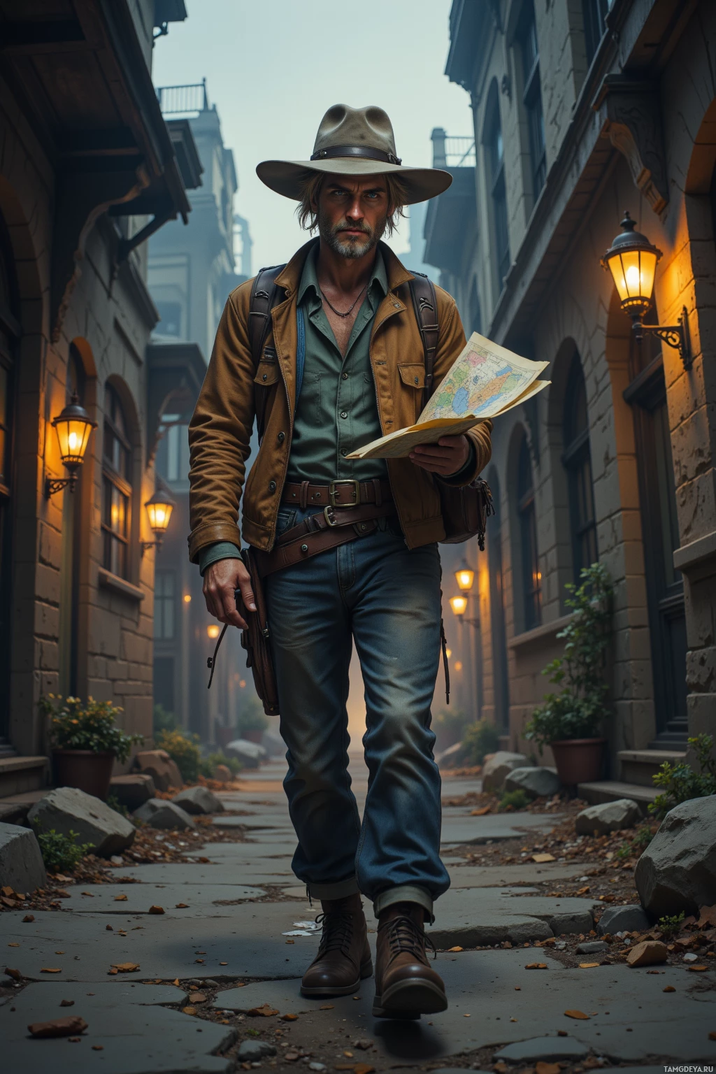 A man in a cowboy hat and leather jacket walks down a dimly lit alleyway holding a map.