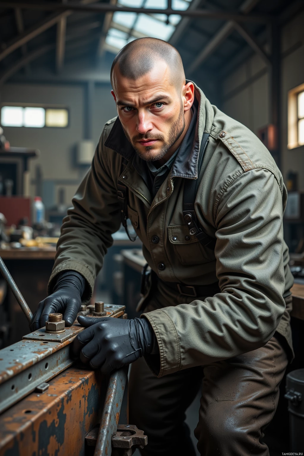 A man in a workshop wearing a jacket and gloves, leaning over a metal structure.
