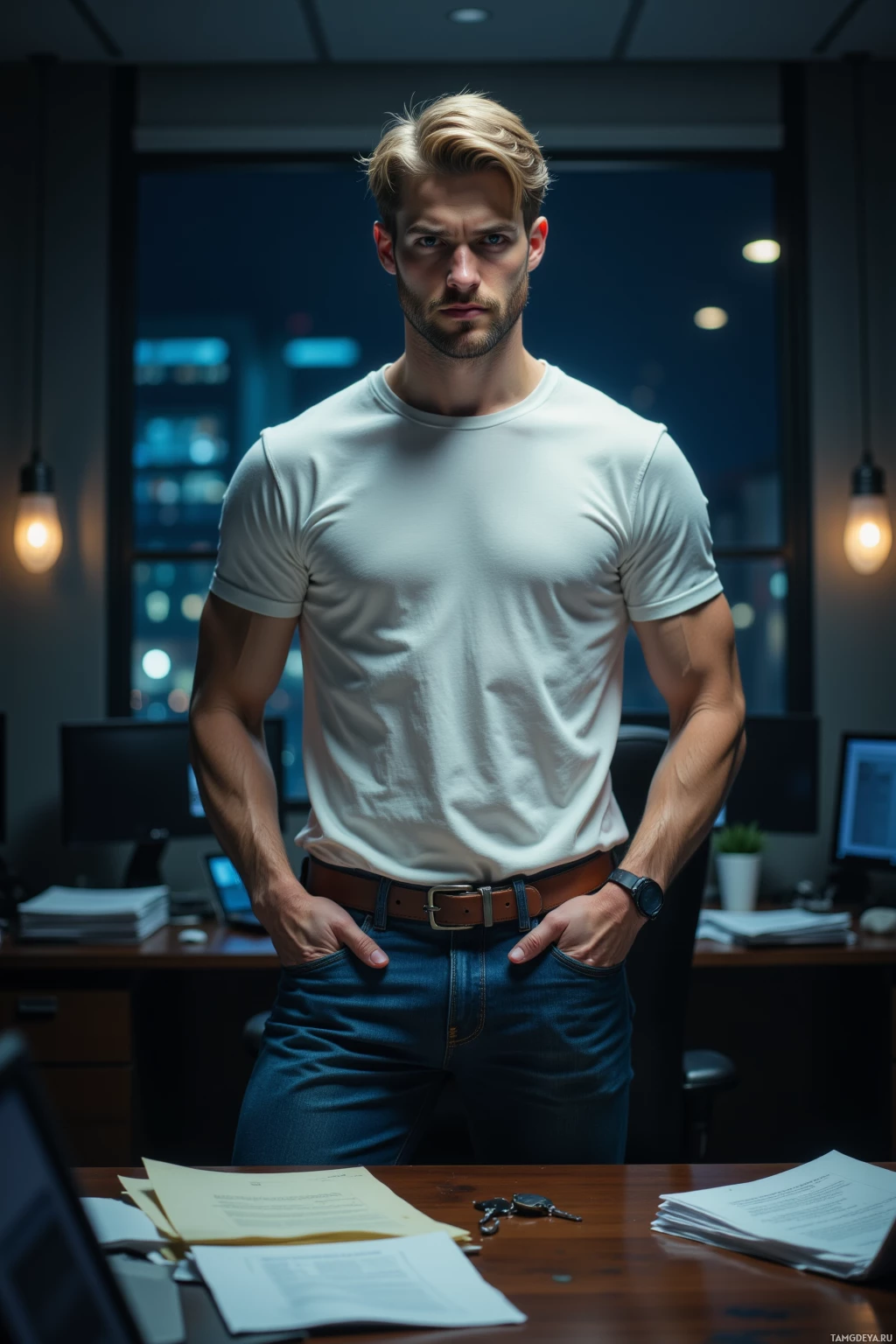 A man in a white t-shirt and jeans stands in an office with his hands in his pockets.