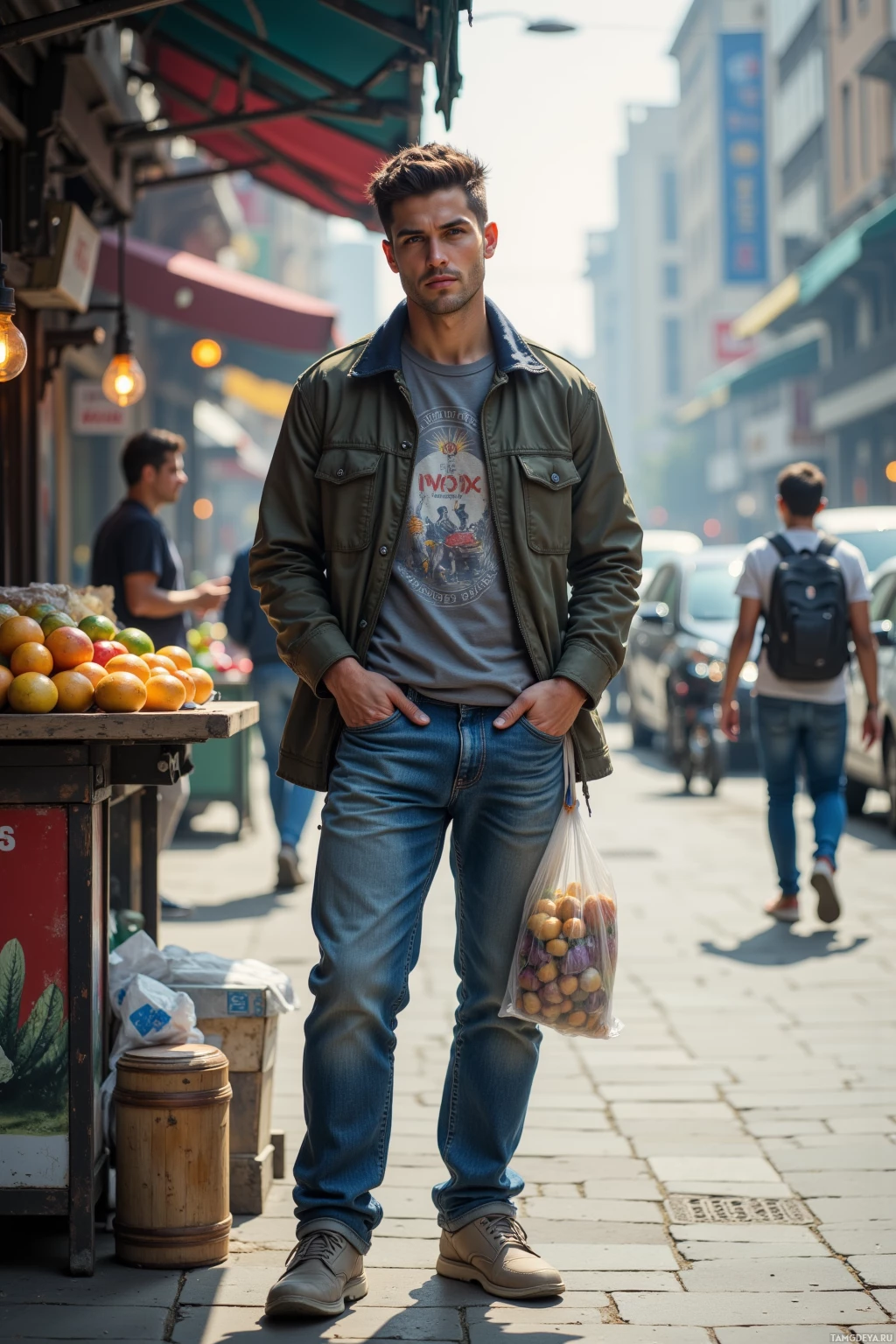A man stands on a street holding a bag of fruit, with a fruit stand and other pedestrians in the background.