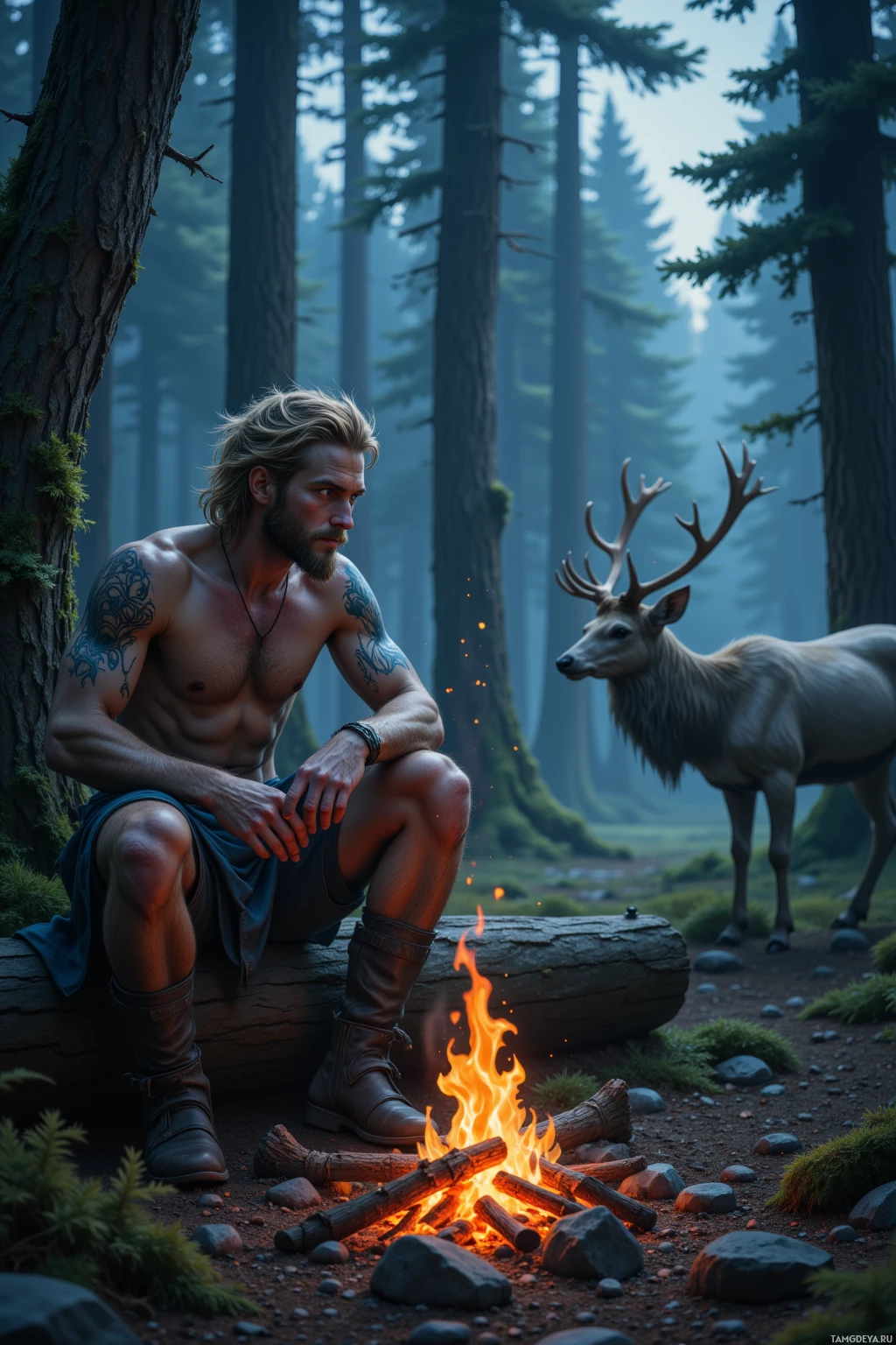 A man sits by a campfire in a forest, with a deer nearby.