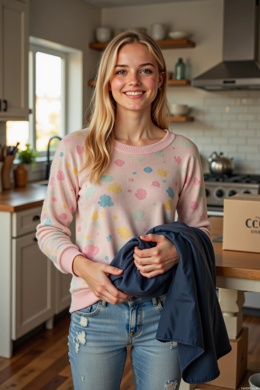 A woman stands in a kitchen, holding a jacket, wearing a pastel sweater with colorful patterns and jeans.