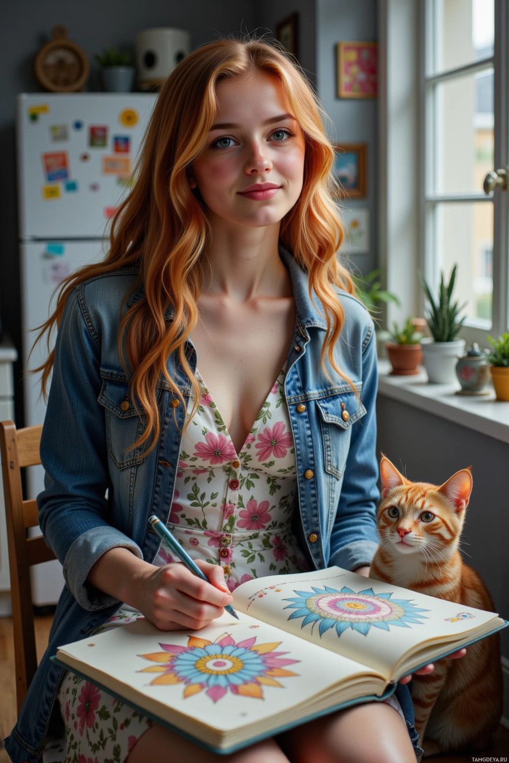 A person with long hair is sitting and coloring a floral design in a book, with a cat sitting beside them.