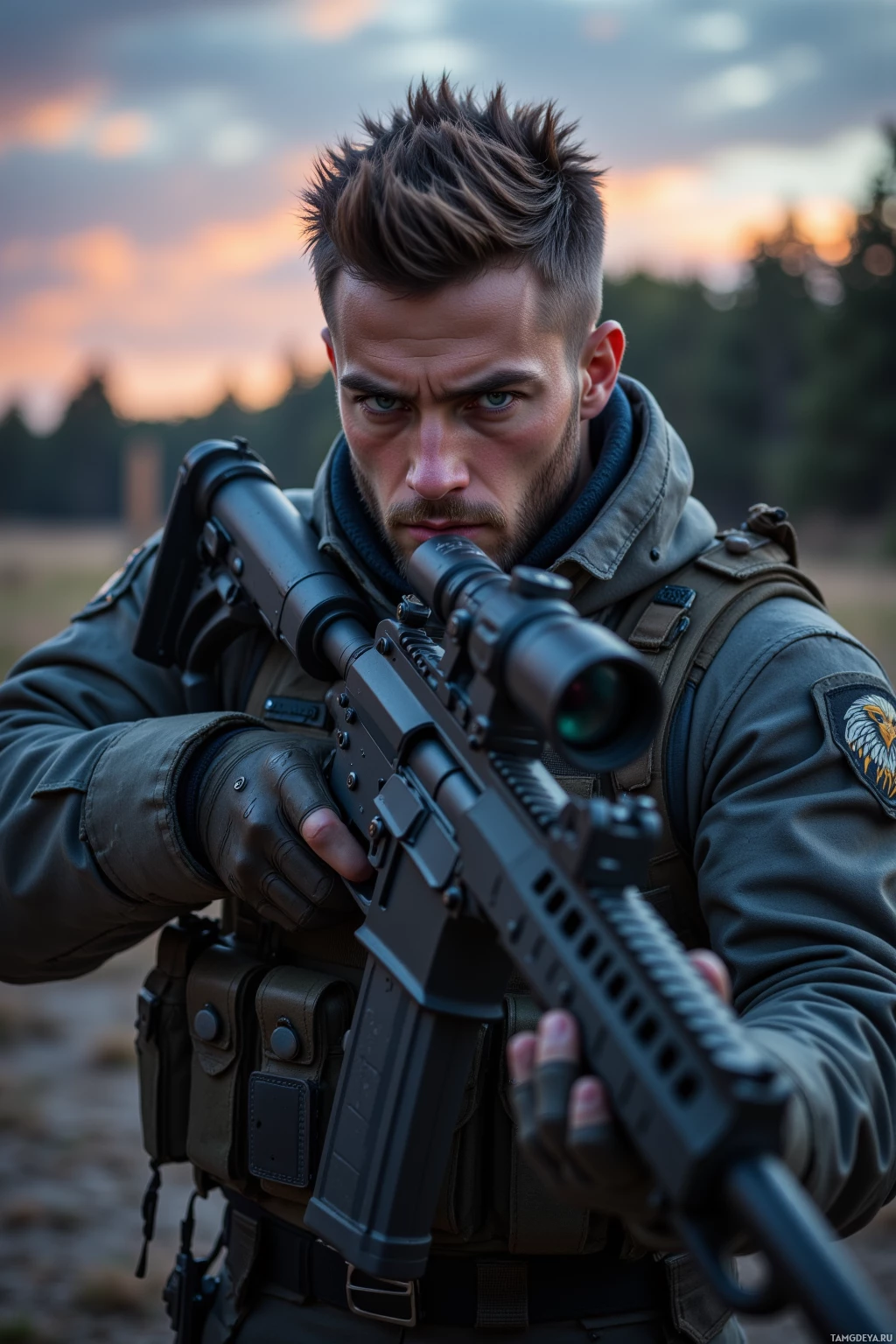 A soldier in tactical gear aims a rifle with a scope, set against a sunset backdrop.