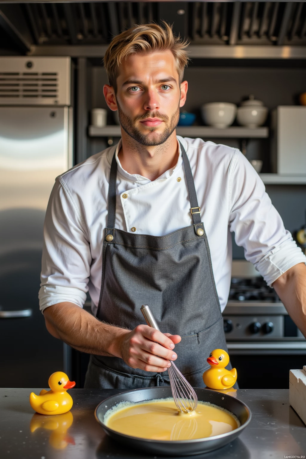 A chef in a kitchen prepares a dish with a whisk, surrounded by kitchen utensils and a rubber duck.