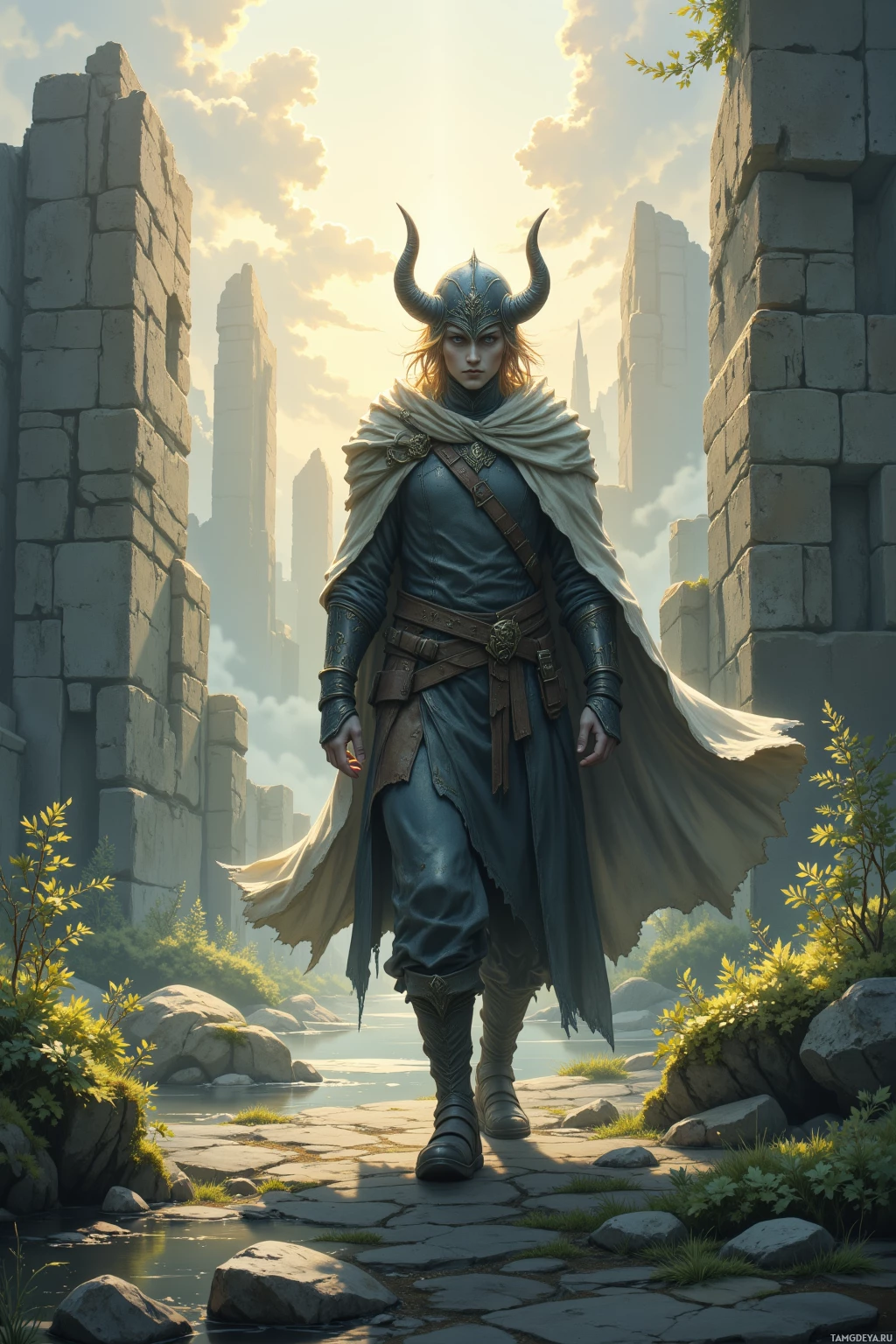 A warrior in a horned helmet and cloak stands amidst ancient ruins and a serene landscape.