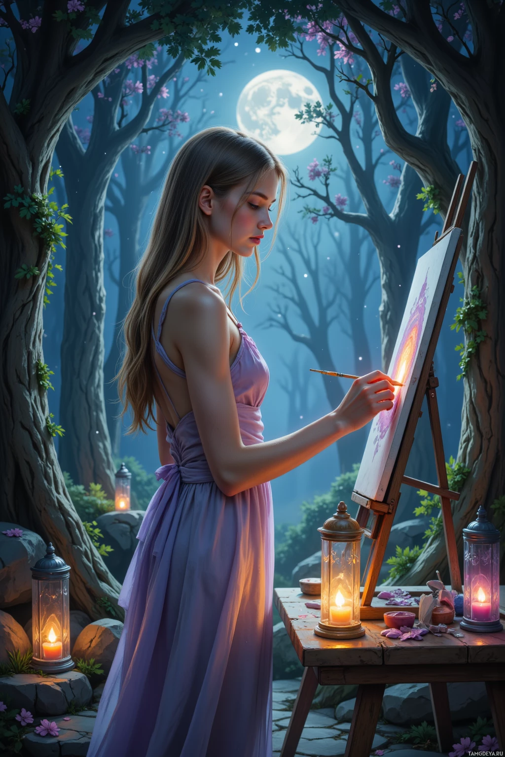 A woman in a purple dress paints under the moonlight in a forest setting.