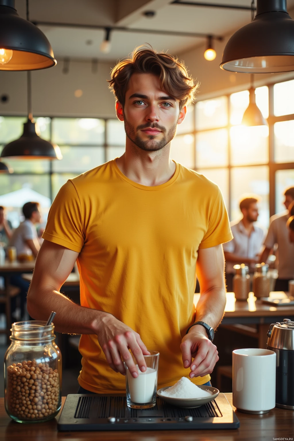 A man in a yellow shirt stands at a counter, preparing a drink with milk and sugar.