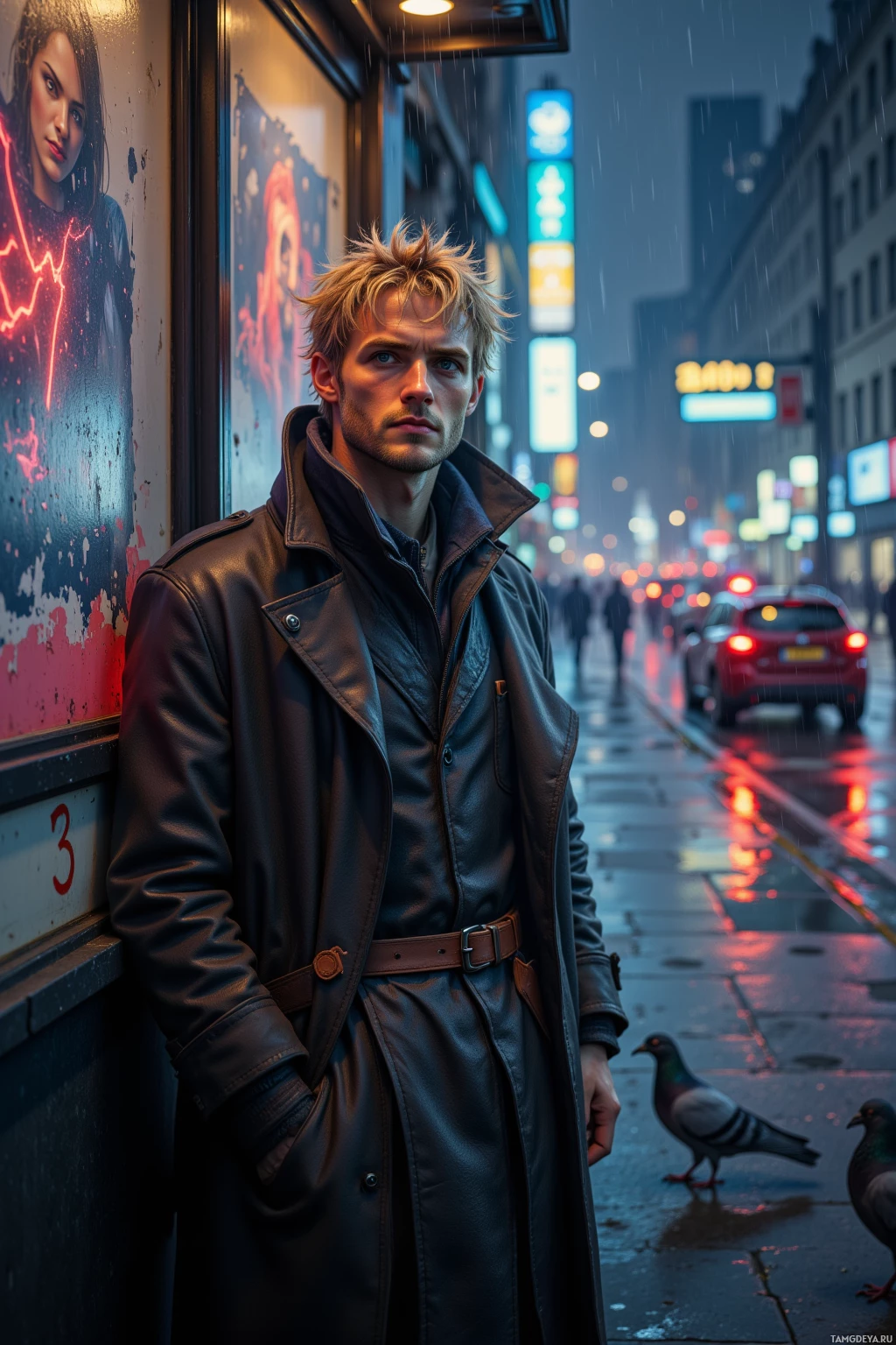 A man in a leather coat stands on a rainy city street at night.