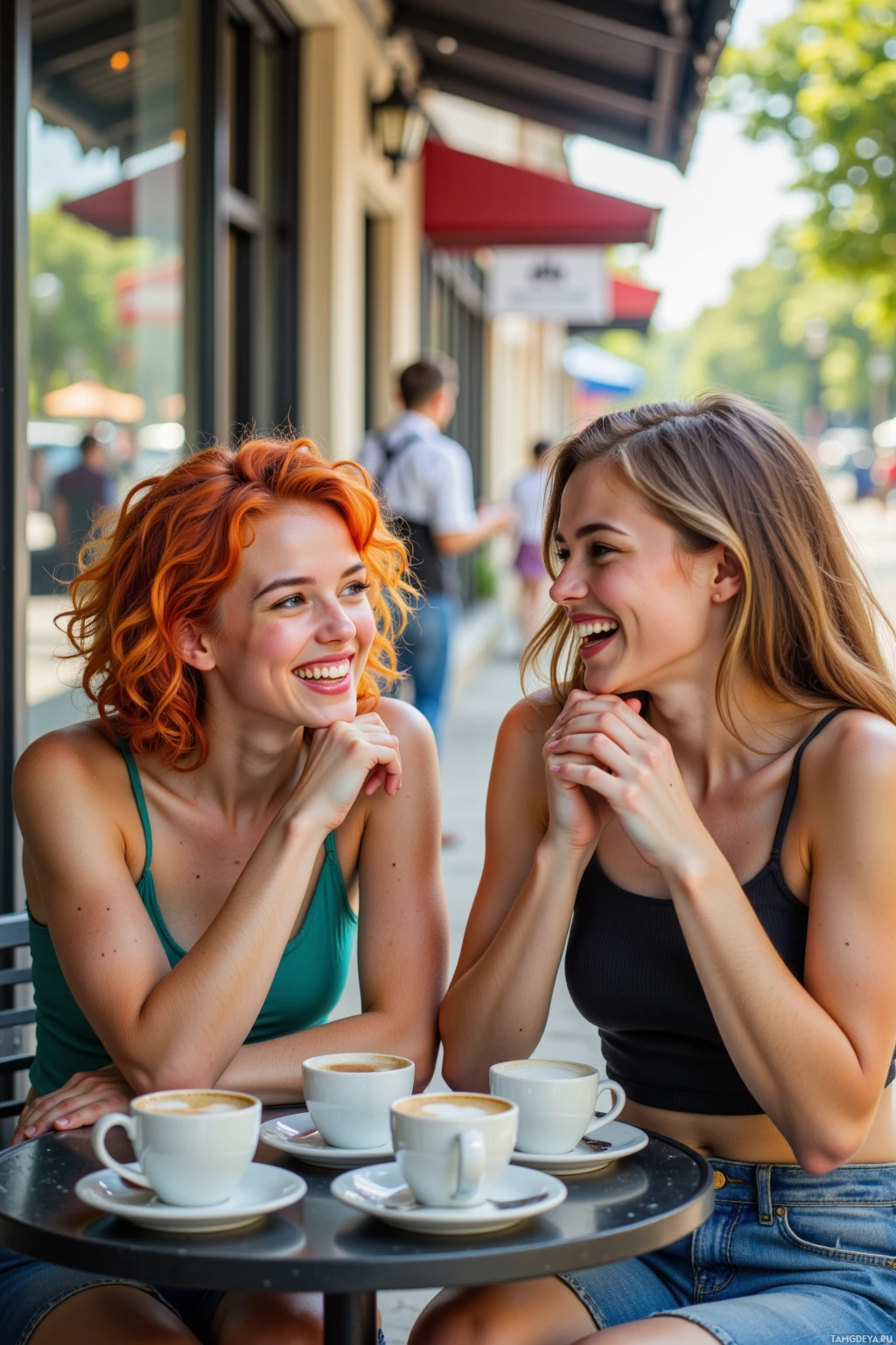 Two women are sitting at a café table, enjoying coffee and laughing together.
