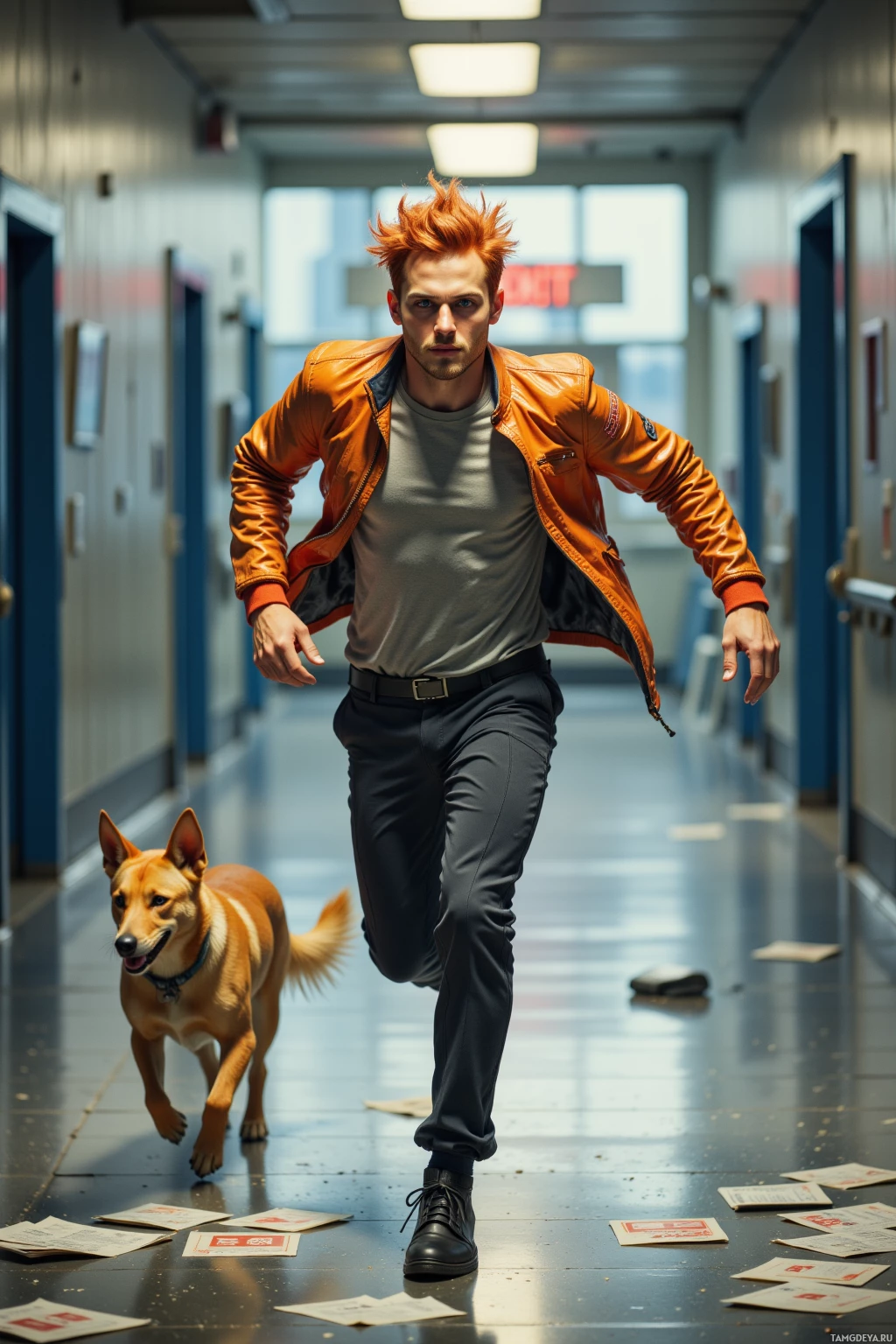 A man in an orange jacket runs down a hallway with a dog following closely behind.